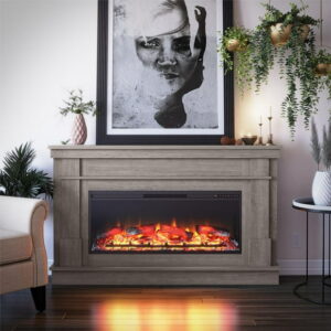 Ameriwood Home Elmcroft Wide Mantel with Linear Electric Fireplace, Rustic Gray