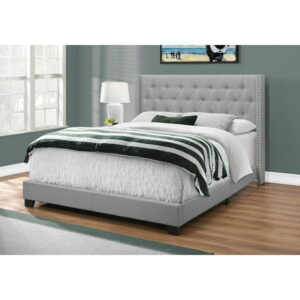 Monarch Specialties Bed, Queen Size, Platform, Bedroom, Frame, Upholstered, Linen Look, Wood Legs, Grey, Chrome, Transitional