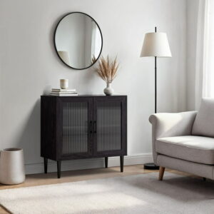 CorLiving Ethan 2 Glass Fluted Door Compact Sideboard Buffet with 2 Shelves, Dining Room Storage, Living Room, Accent Furniture, Distressed Dark Gray Finish