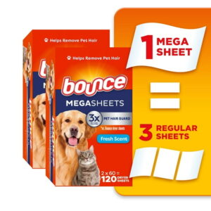 Bounce Pet Hair and Lint Guard Mega Dryer Sheets with 3X Pet Hair Fighters, Fresh Scent, 120 Sheets