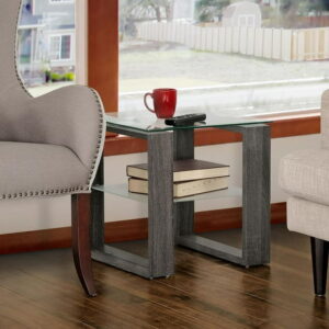 Caleb Grey Wood Side End Table with Glass Shelf