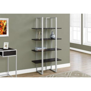 Monarch Specialties Bookshelf, Bookcase, Etagere, 4 Tier, 60"h, Office, Bedroom, Metal, Laminate, Brown, Grey, Contemporary, Modern