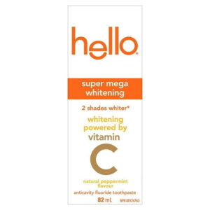 Hello Super Mega Whitening Toothpaste with Fluoride, Whitening Toothpaste Powered by Vitamin C, Helps Whiten Teeth Up to 2 Shades Whiter, Natural Peppermint Flavour, 82 mL Tube, Hello Toothpaste