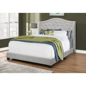 Monarch Specialties Bed, Queen Size, Platform, Bedroom, Frame, Upholstered, Velvet, Wood Legs, Grey, Traditional