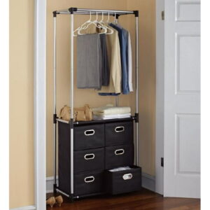 Mainstays Closet Organizer with 6 Storage Drawers for Adult, Item size: 29.7in. Wx16.1in. Dx72.2in.H; Silver grey powder coating with black fabric accessories.