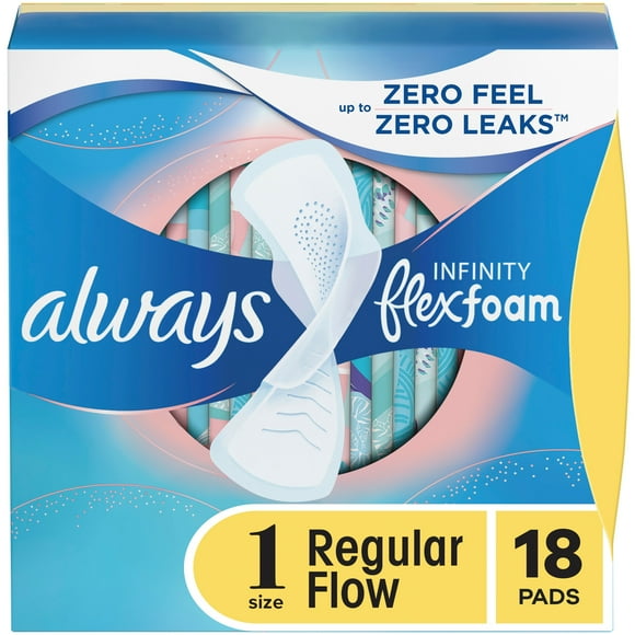 Always Infinity Feminine Pads for Women, Flexfoam Pads with Wings, Size 1, Regular Absorbency, Unscented, 18CT