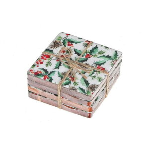 Christmas Set Of 4 Enameled Acacia Wood Coasters Holly Berries