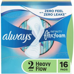 Always Infinity Feminine Pads for Women, Flexfoam Pads with Wings, Size 2, Heavy Absorbency, Unscented, 16CT