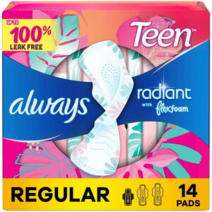 Always Radiant Teen Pads, Size 1, Regular, with Wings, Unscented, 14CT