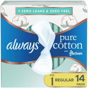 Always Pure Cotton Feminine Pads for Women, FlexFoam Pads with Wings, Size 1, Regular Absorbency, Unscented, 14CT