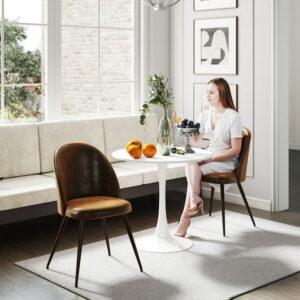 Homy Casa 3-Piece Dining Furniture Sets with 31.5" Round Table and Upholstered Chairs, White Table, Brown Faux Suede Chairs