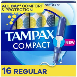 Tampax Compact Pearl Tampons, with LeakGuard Braid & Extendable Applicator, Regular Absorbency, Compact Extendable Applicator, Unscented, 16CT
