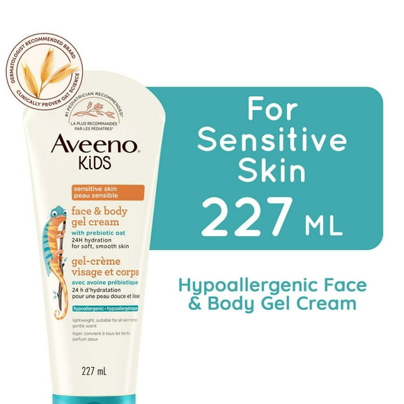 Aveeno Kids Face & Body Gel Cream, Prebiotic Oat Moisturizer, Hypoallergenic Lotion, Sensitive Skin Body Cream, 227 mL
