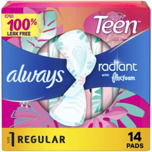 Always Radiant Teen Pads, Size 1, Regular, with Wings, Unscented, 14CT