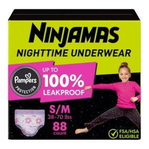 Ninjamas Girls Bedwetting Nighttime Underwear, Size S/M (38-70 lbs)