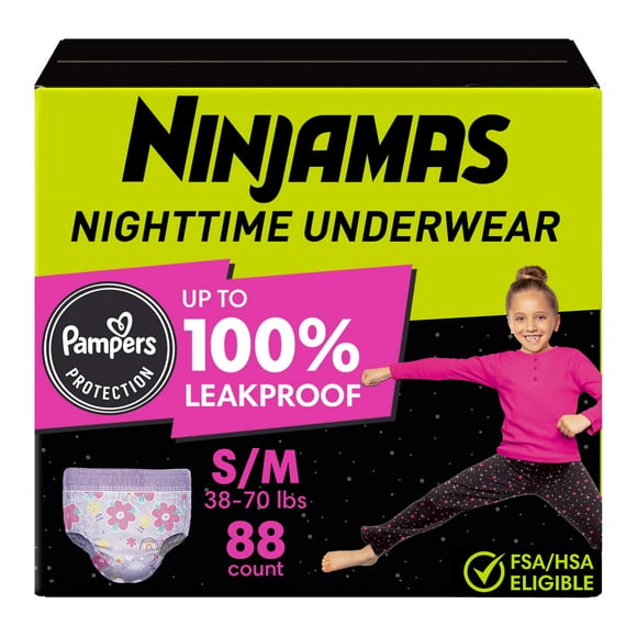 Ninjamas Girls Bedwetting Nighttime Underwear, Size S/M (38-70 lbs)