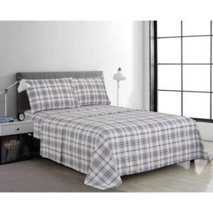 4 Piece Microfibre Sheet Set Grey Plaid