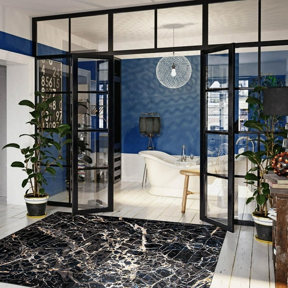 ECARPET Marble Textured Area Rug, Contemporary Carpet for Living Room, Black Marble Collection