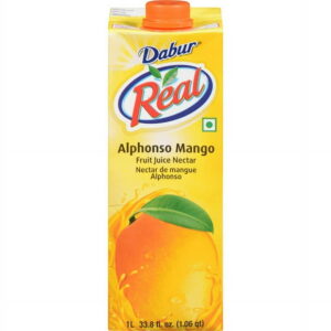 Dabur Real Alphonso Mango Nectar 1L, Real fruit power mango is a fun way to give your child all the energy he needs to perform his tasksThis goodness of mangoes comes with no added preservatives or coloursThe famous mango juice, high in vitamins is also india's favorite fruit juice drink