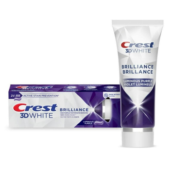 Crest 3D White Brilliance Teeth Whitening Purple Toothpaste, Luminous Mint, 85mL