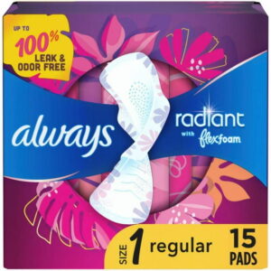 Always Radiant Feminine Pads for Women, Size 1 Regular, with Wings, Light Clean Scent, 15CT