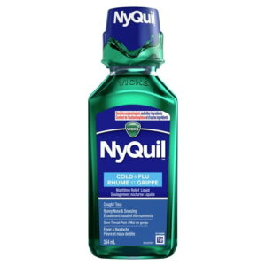 Vicks NyQuil Cold and Flu Symptom Relief Liquid Medicine Multi-Symptom Nighttime Relief for Headache, Fever, Sore Throat Pain, Minor Aches and Pains, Runny Nose and Cough, 354ML