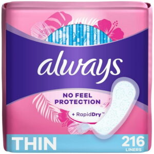 Always Thin No Feel Protection Daily Liners, Regular Absorbency, Unscented, 216CT