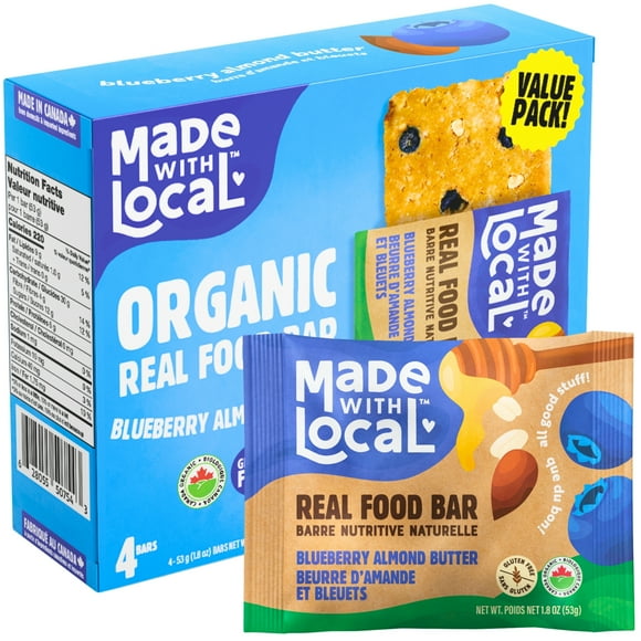 Made with Local Blueberry Almond Butter Organic Energy Bars (Organic, Gluten-Free, Non-GMO, 7g Protein, Simple Ingredients, Made in Canada), 4-Pack (212 g), Organic Energy Bars- Blueberry (4 pack) - 212 g