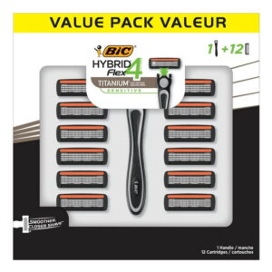 BIC® Flex 4 Hybrid Disposable Men's Razor, 4-Blade, 1 handle and 12 Cartridges, Pivoting Head and Lubricated Strip for a Smooth Shave, 1 handle and 12 Cartridges