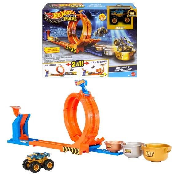 Hot Wheels Monster Trucks Loop-And-Flip Trophy Challenge Playset & Die-Cast Bigfoot Toy Truck, Ages 4+