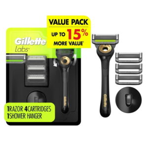 GilletteLabs with Exfoliating Bar Shaving Razor for Men, Black & Gold Edition, 1 Handle, 4 Blade Refills, 1 Magnetic Shower Hanger, 1CT