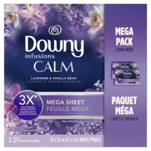Downy Infusions Mega Dryer Sheets, Laundry Fabric Softener, CALM, Lavender and Vanilla Bean, 120CT