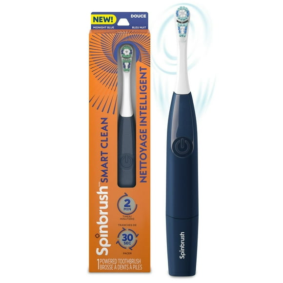 Spinbrush Smart Clean Battery Powered Electric Toothbrush for Adults with Dual Action Head, Pacer & Timer, Midnight Blue, Soft Bristles, 1 Count, Spinbrush SMART CLEAN