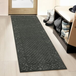 Mainstays 2'X5' Grey Embossed Jarvis Doormat, Embossed 100% recycled polyester surface adds on-trend style to any décor. Durable, eco-friendly TPR backing reduces slippage. Ideal for indoor or sheltered outdoor use. Easy to cleanjust shake, sweep, or vacuum.
