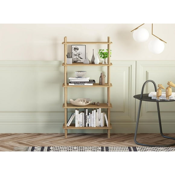 5-Tier Wooden Look Shelf Bookcase - Modern Open Bookshelf, Free Standing Storage Rack, Multifunctional Display Stand for Home and Office, Oak Look, Rectangle