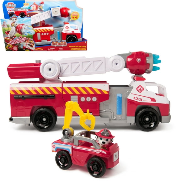 PAW Patrol Fire Rescue: Rapid Reload Fire Truck with Marshall, Projectile Launcher, Mini Vehicle & Sound Fx, for Kids 3+, PAW Patrol Fire Rescue: Rapid Reload Fire Truck with Marshall Figure, Quick-Fire Launcher, Lights & Sounds, Kids Toys for Boys & Girls Ages 3 and Up