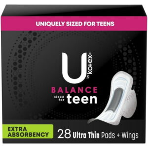 U by Kotex Balance Sized for Teens Ultra Thin Pads with Wings, Extra Absorbency, 28 Count, 28 Count