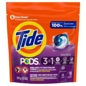 Tide PODS laundry detergent pacs, 3-in-1 Stain Remover, Odor Fighter, Color Protector, HE compatible, Spring Meadow Scent, 16CT