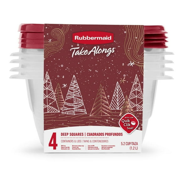 Rubbermaid TakeAlongs Food Storage Containers, 5.2-Cup Deep Square, Holiday Rhubarb Red, 4-Pack