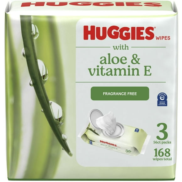 Huggies Aloe & Vitamin E, UNSCENTED, 3 Flip Top Packs, 168 Wipes, 168 Wipes