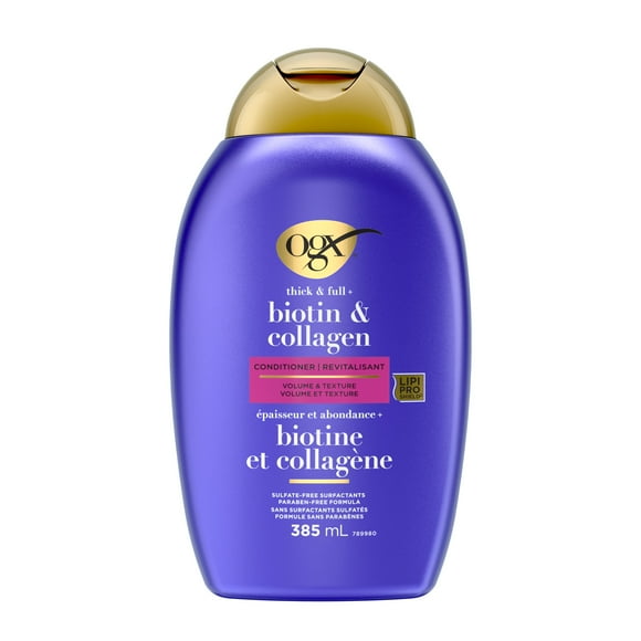 OGX Thick & Full + Biotin & Collagen Volumizing Conditioner, Nutrient-Infused Conditioner with Vitamin B7 Biotin Gives Hair Volume & Body for 72+ Hours, Sulfate-Free Surfactants, 385 mL