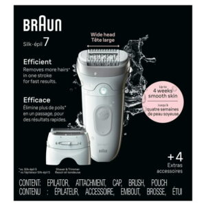 Braun Silk-épil 7 Epilator, Wet and Dry, Wide Head, Includes Shaver Head and Trimmer Comb, SE7-041, Silver, 1