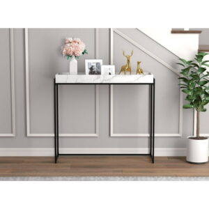 Safdie & Co. Console Table, White Marble Tray Top & Black Metal Legs.