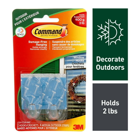 Command Outdoor Window Hooks 17091CLR-AW-EF, Clear, Medium, 2 Hooks, 4 Strips, 2 lb.