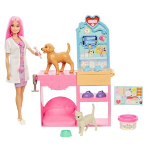 Barbie Fast Cast Veterinarian Clinic Playset with Pink Colored Hair Fashion Doll, Vet Furniture & 10+ Accessories, Barbie Vet Clinic Doll