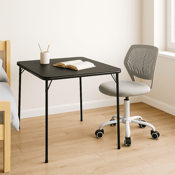 Homy Casa Kids Folding Study Desk and Ergonomic Swivel Chair Set, Adjustable Seat Height, Game Table with Soft PVC Top, Black Desk Grey Fabric Chair