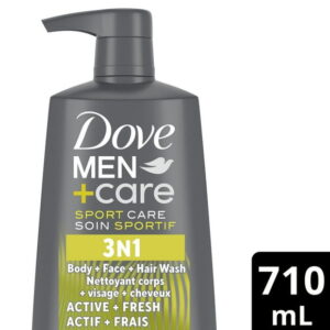 Dove Men+Care Re-energizing Active + Fresh 3N1 Body, Hair and Face Wash with 24-Hour Nourishing Micromoisture Technology Body Wash for Men, 710mL, 710mL