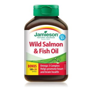 Jamieson Wild Salmon and Fish Oil 1,000 mg Softgels, Bonus Size, Supports Heart and Brain Health. With Wild Alaskan Salmon, Menhaden, EPA and DHA, Non-GMO, Gluten-Free, 200 Count, Proudly Canadian, 180+20 softgels