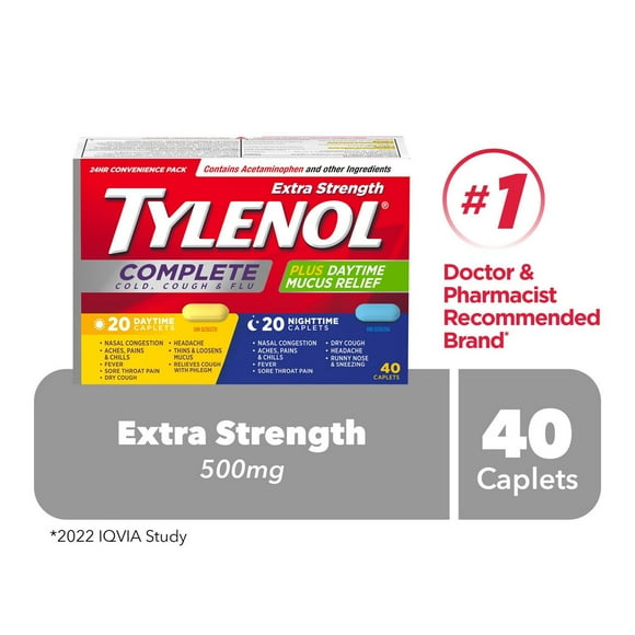 Tylenol Extra Strength Complete Cold, Cough & Flu Caplets, Day & Night, Convenience pack, Relieves Cough Cold & Flu Symptoms, Caplets effectively relieve cold, cough, and flu symptoms. 40 count.