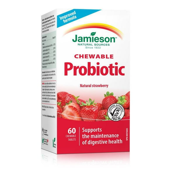 Jamieson Probiotic Chewable Tablets, 2 Billion CFU, Strawberry Flavour, 60 Chewable Tablets
